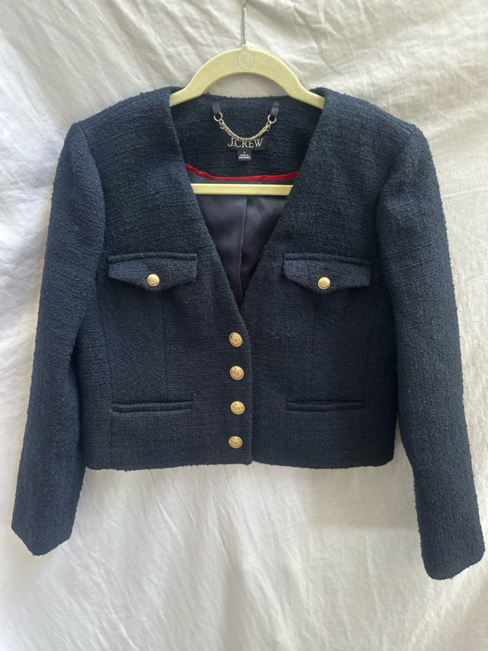 J. Crew Navy Tweed Cropped Blazer with Gold Buttons